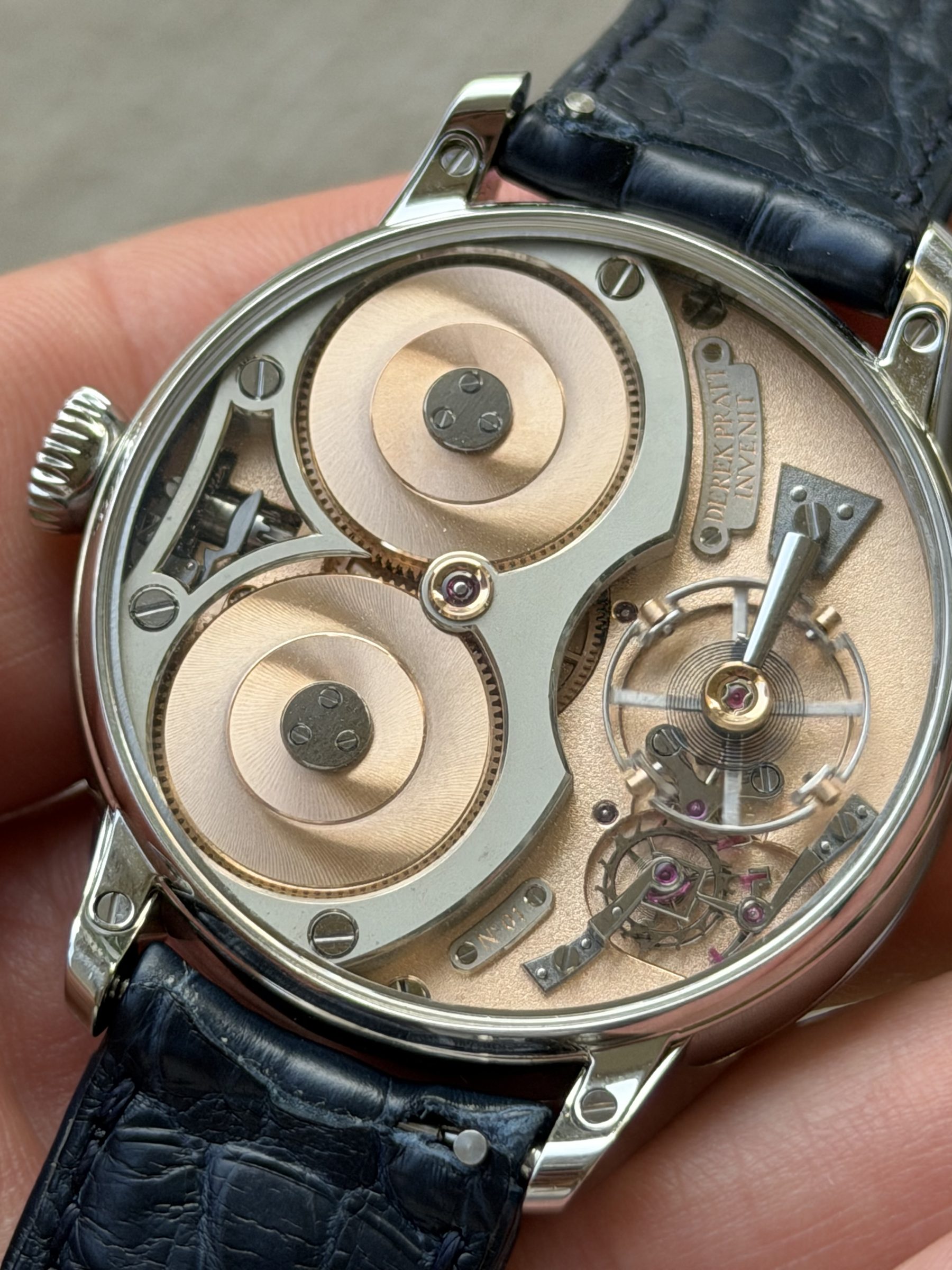 Caseback in hand — twin barrels
