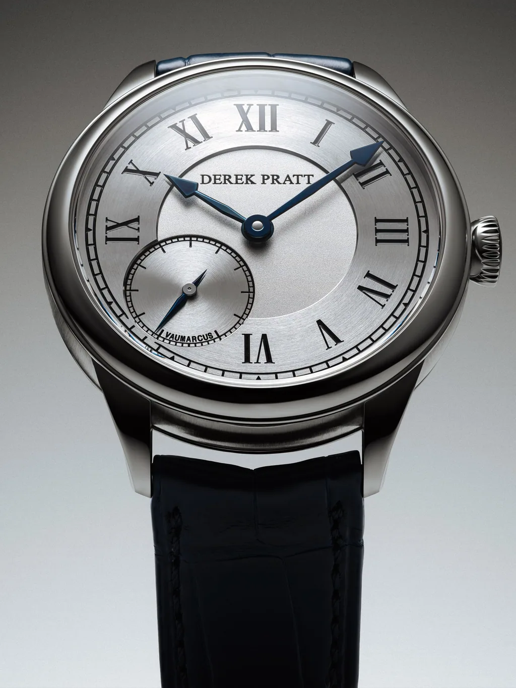 Derek Pratt — silvered Roman dial, blued hands, deadbeat seconds at 7