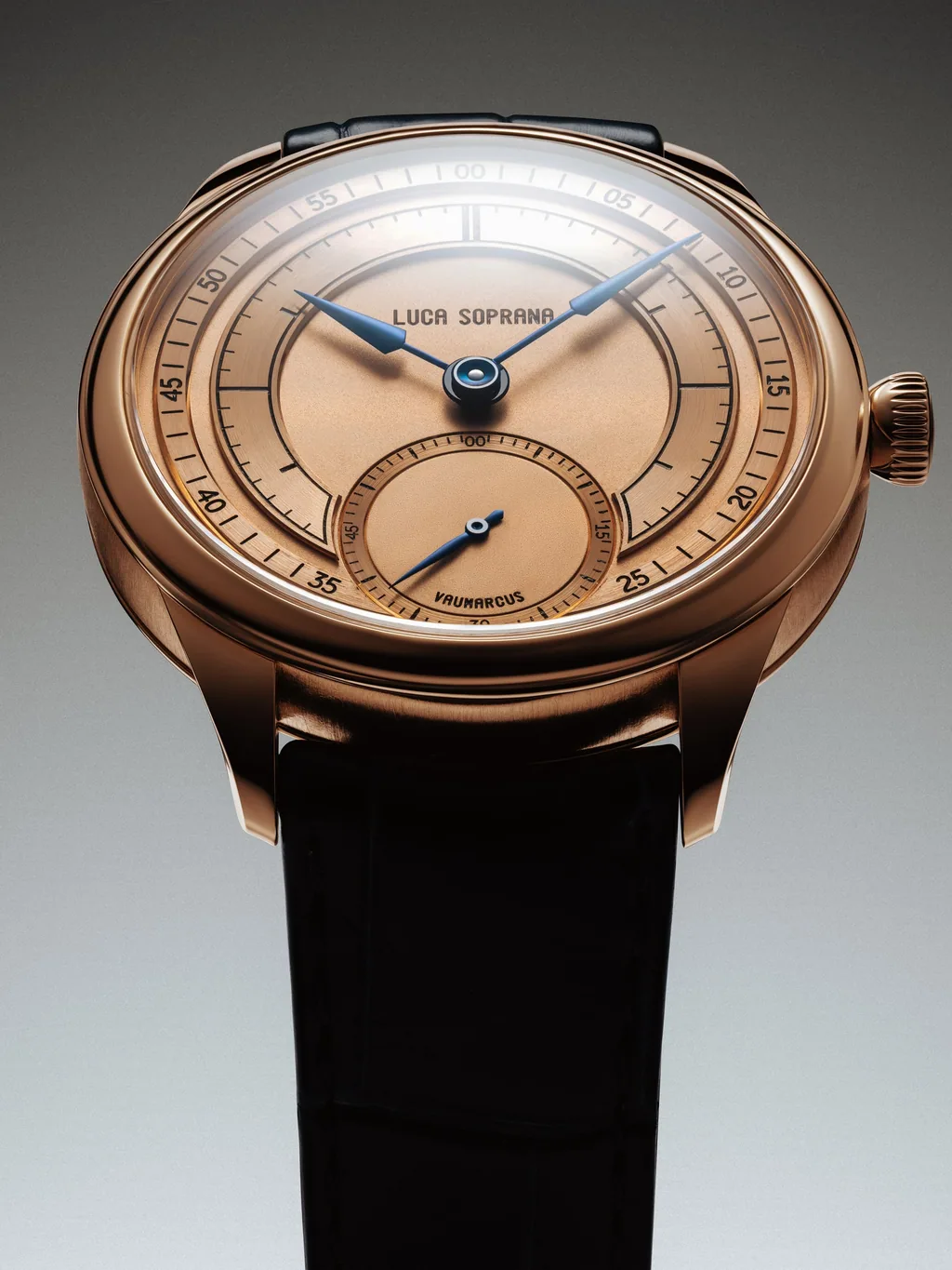 Soprana Time Only rose gold — dial detail with Vaumarcus engraving