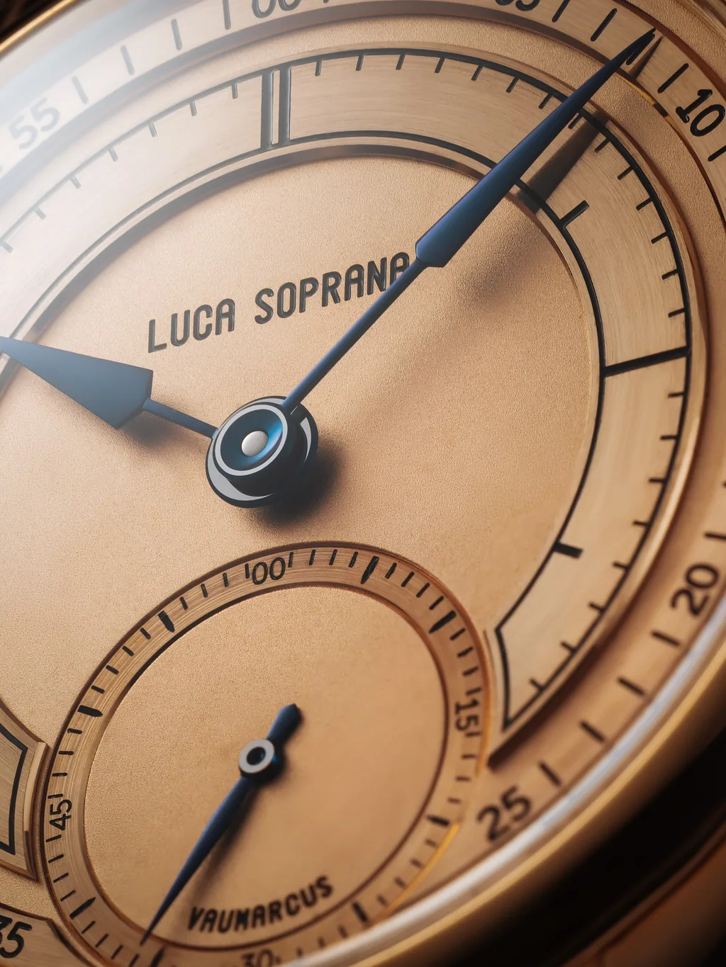 Soprana Time Only — heat-blued lance hand, salmon sector dial macro