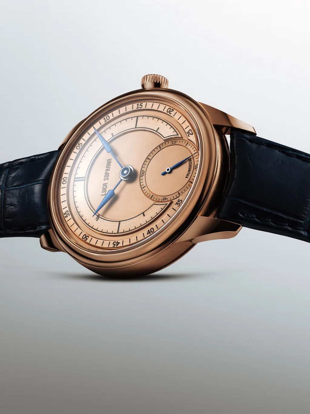 Soprana Time Only rose gold — case profile, blued lance hands